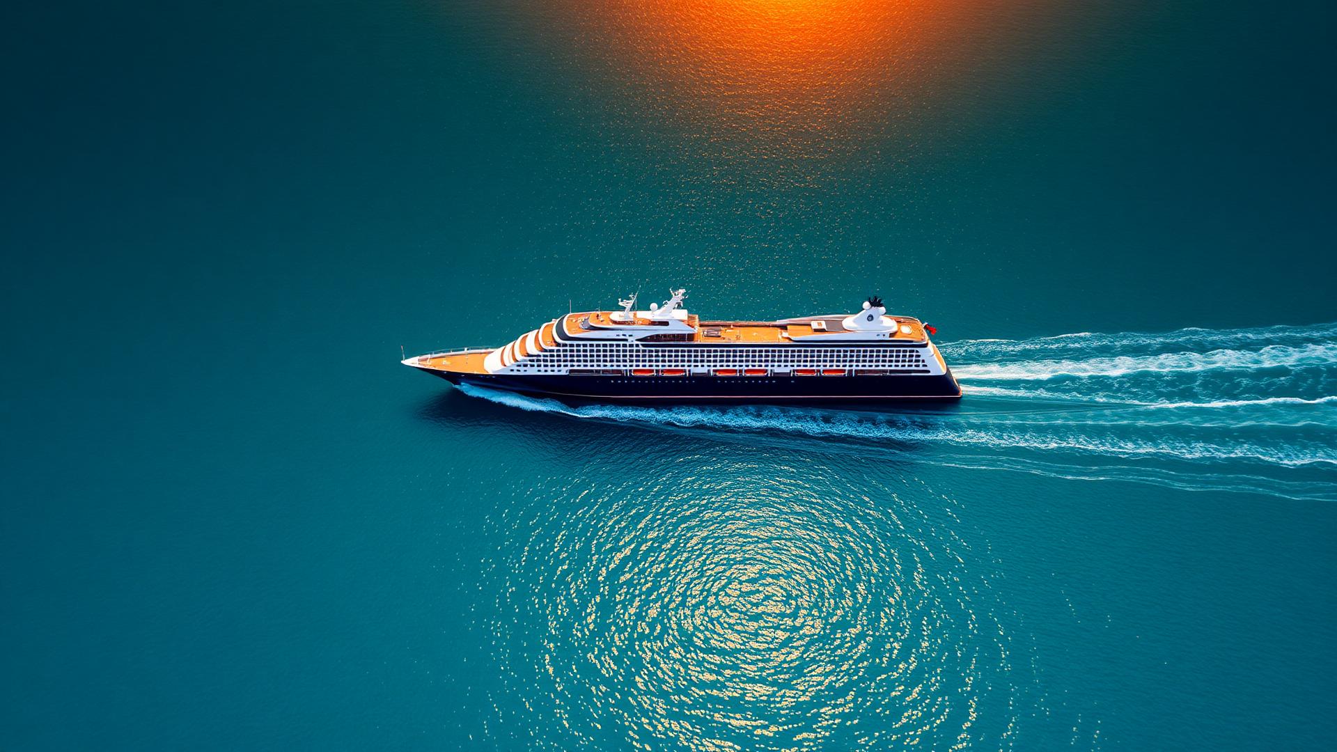 Luxury cruise ship sailing across the open ocean at sunset